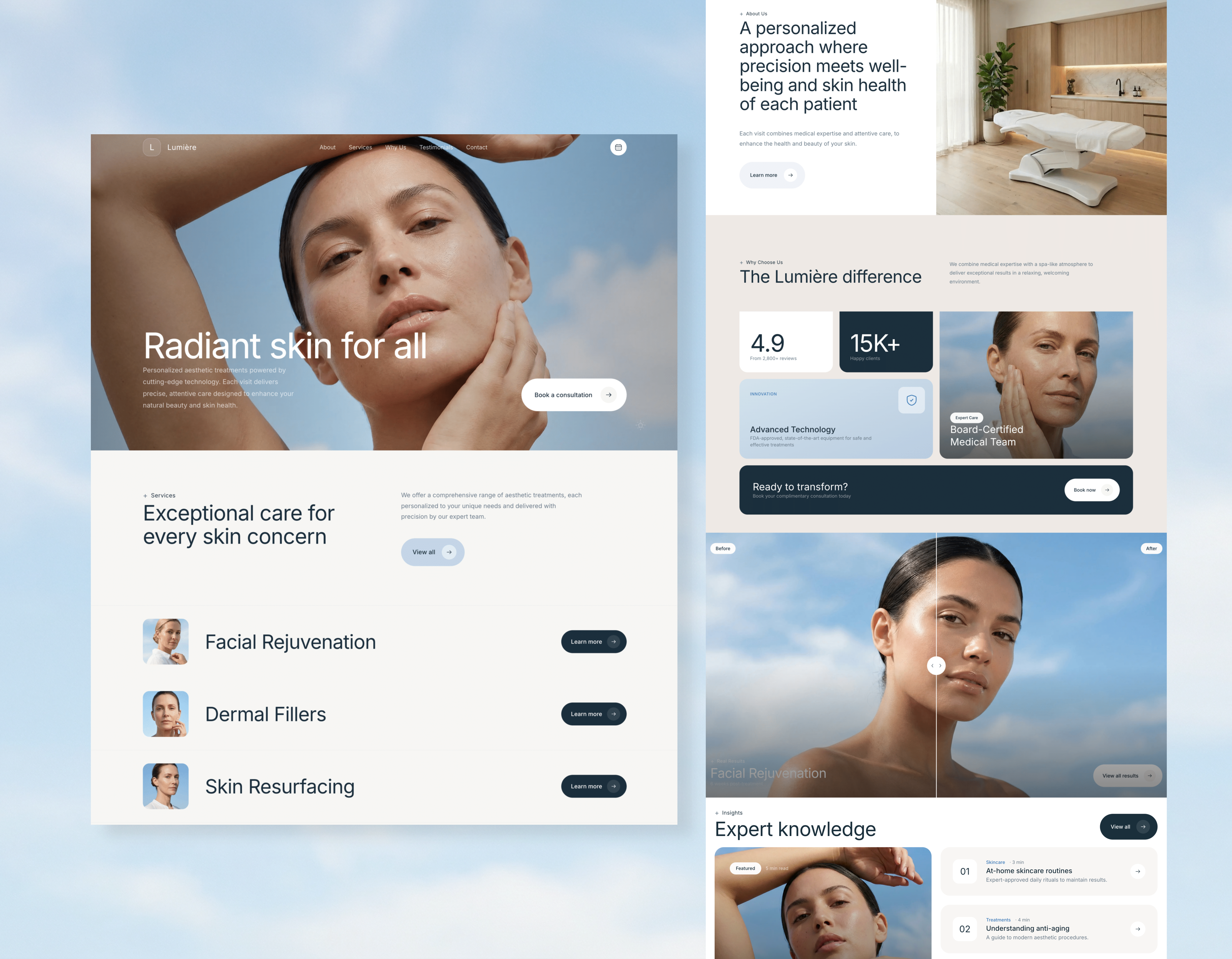 Lumière Beauty Clinic - Aesthetic skincare website design showcasing facial treatments and personalized care services
